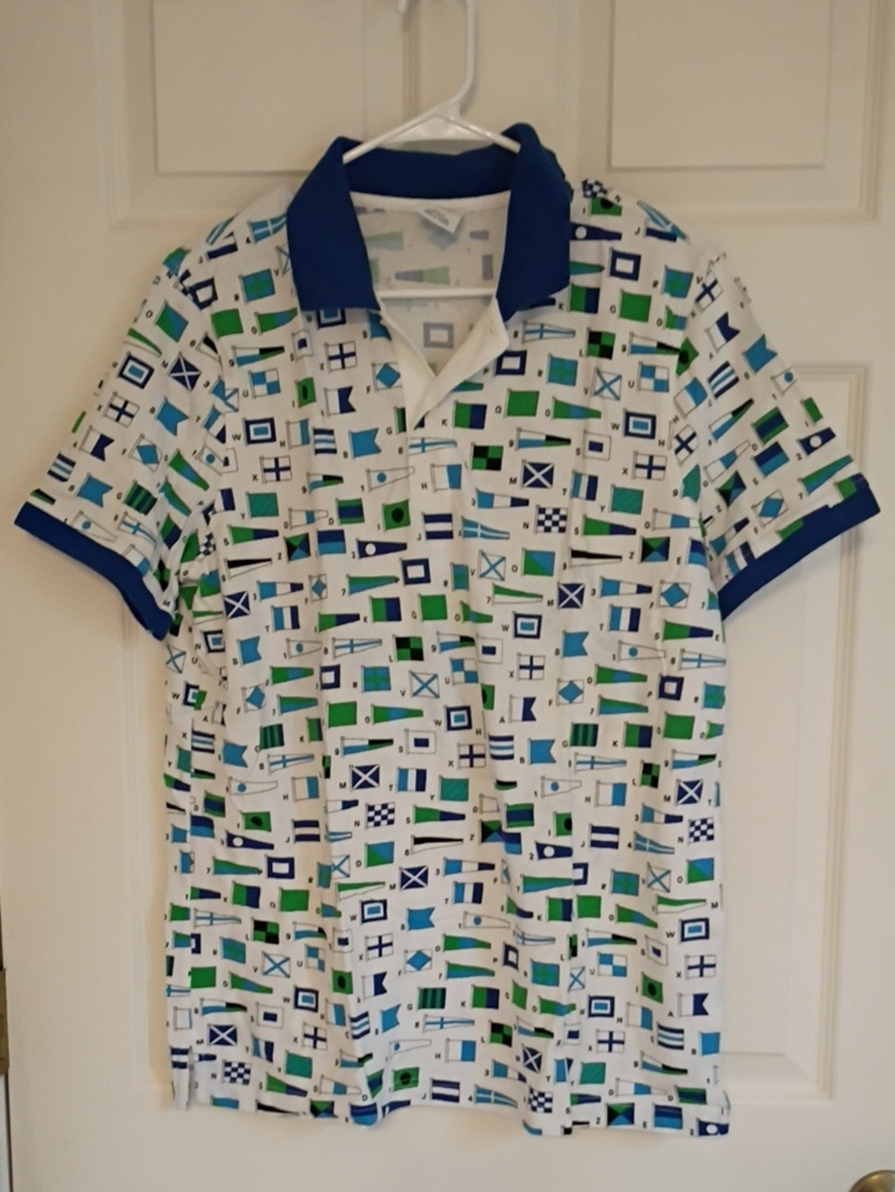 Brooks Brothers Nautical Flag Print Polo Shirt with Blue Collar